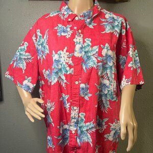 BKLYNSURF XXL Hawaiian button up short sleeve shirt red with blue & white flower